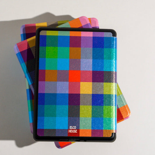 Back of Kindle case featuring a colorful plaid design on a white background