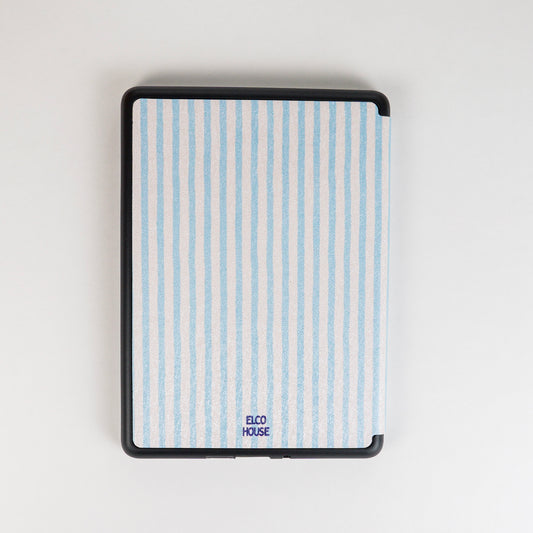 Back of Page Turner Kindle Case with blue and beige stripes, dark blue elco house logo at bottom of case