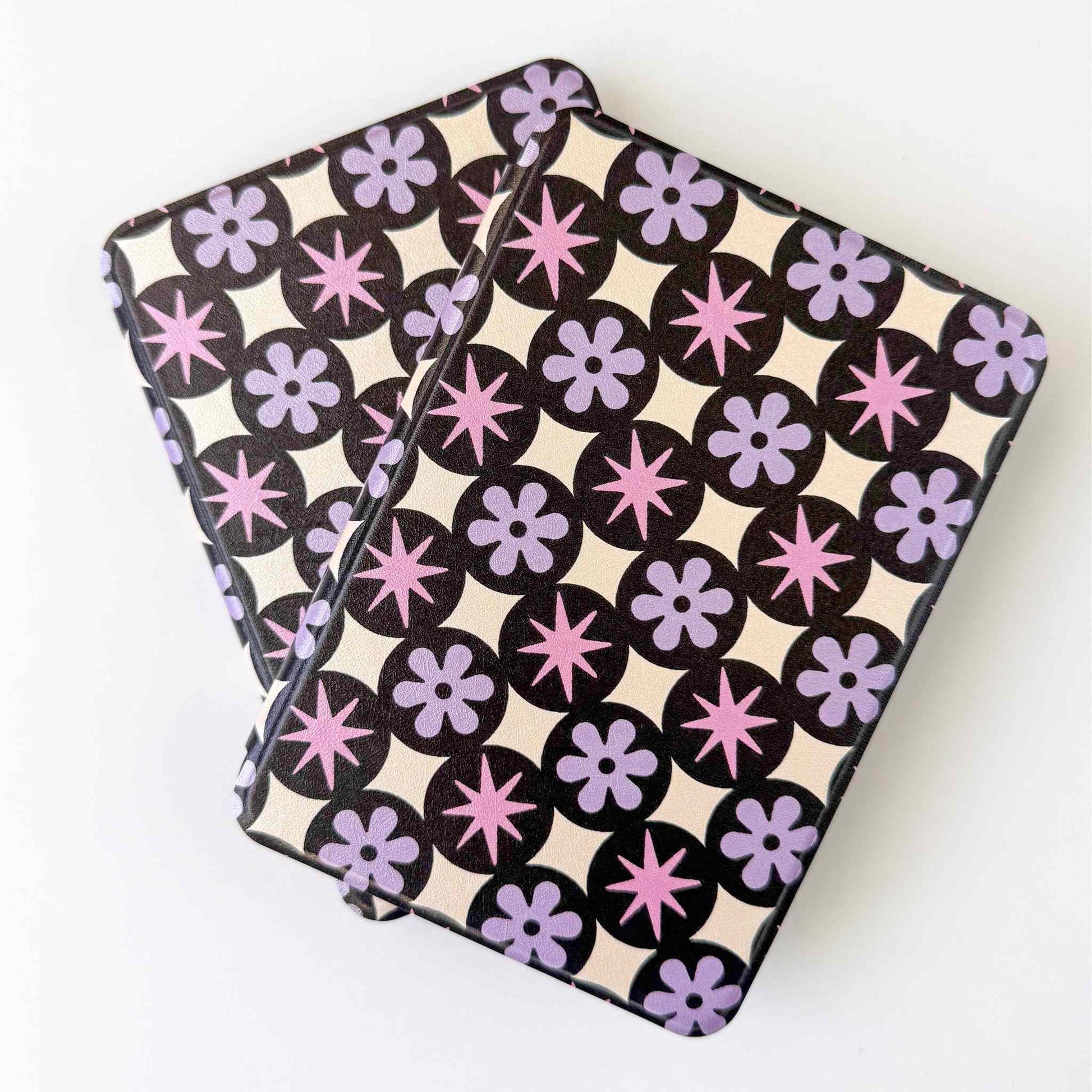 Two floral retro patterned Kindle cases  stacked on a white background