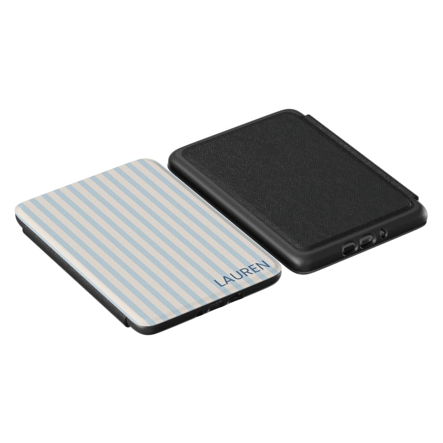 Blue and beige striped Kindle case showing the name "lauren" written on the front, and a black back cover side by side 