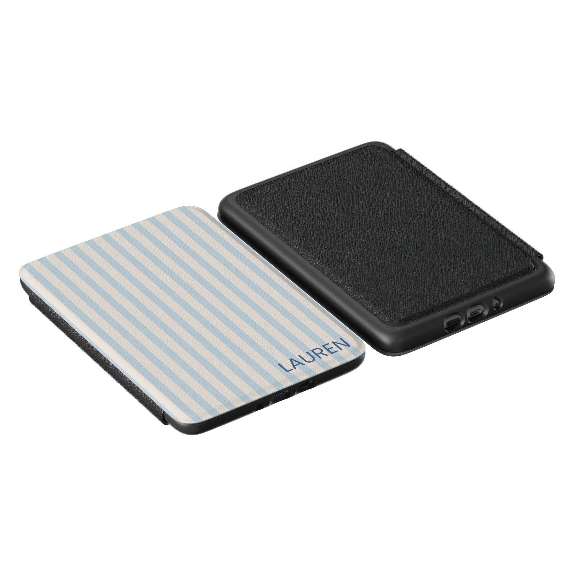 Blue and beige striped Kindle case showing the name "lauren" written on the front, and a black back cover side by side 