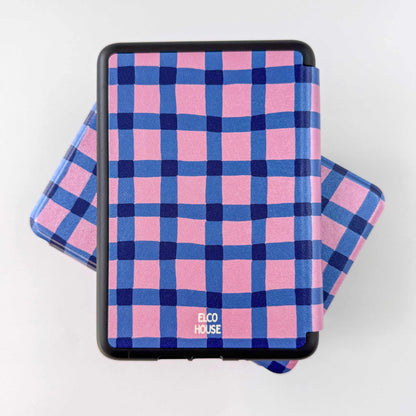 Pink and blue checkered Kindle case with 'Elco House' branding on a white background
