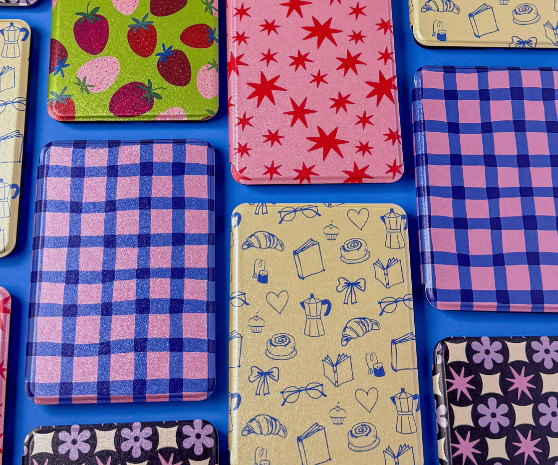 Collection of patterned cases on a blue background