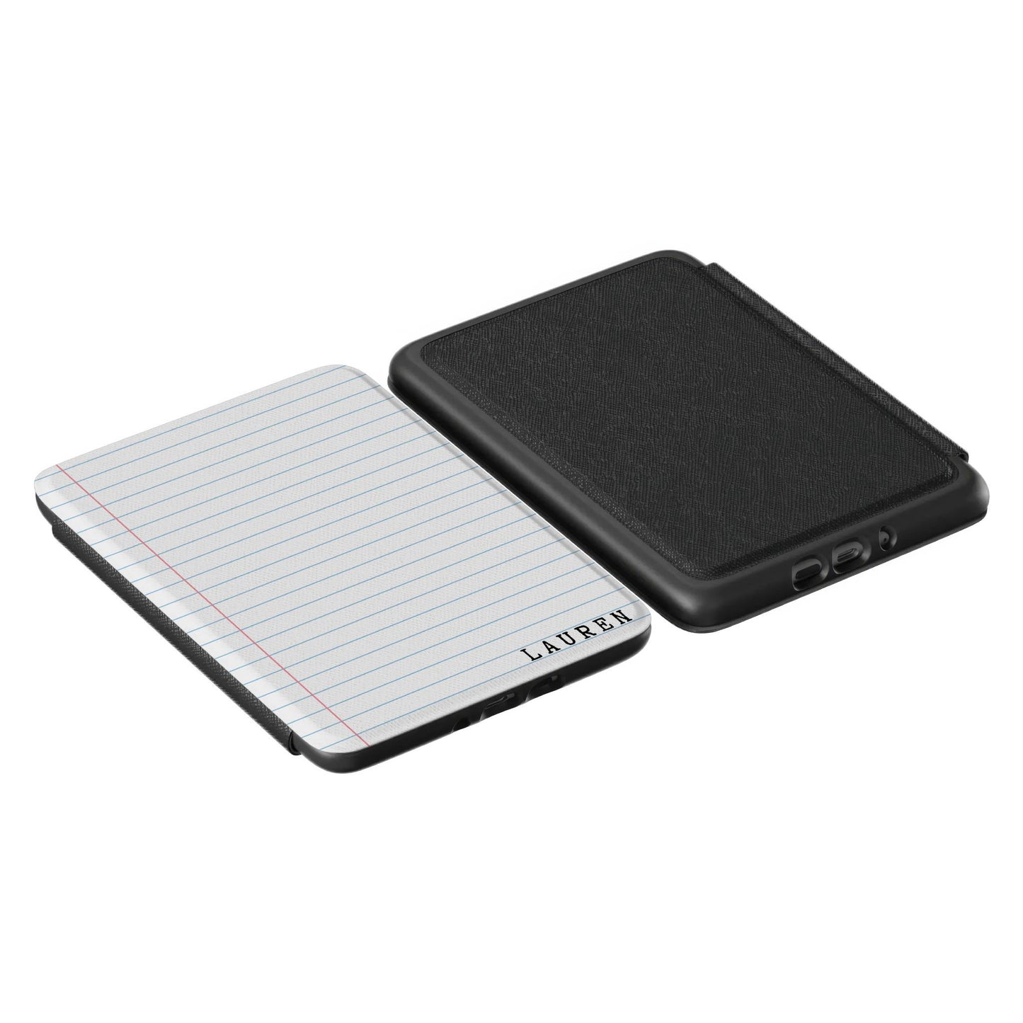 Front of Kindle case with notebook design with personalization and solid black backside of case , side by side 
