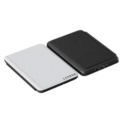 Front of Kindle case with notebook design with personalization and solid black backside of case , side by side 