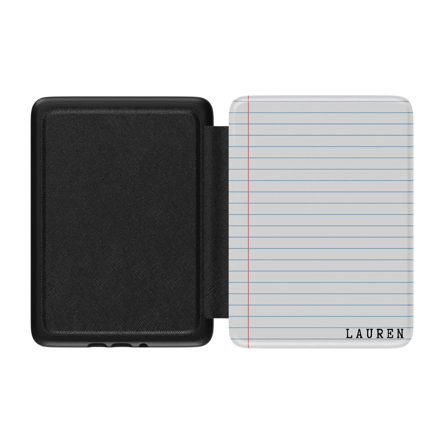Black Kindle case with a lined notebook design labeled 'Lauren' on the front,  on a white background
