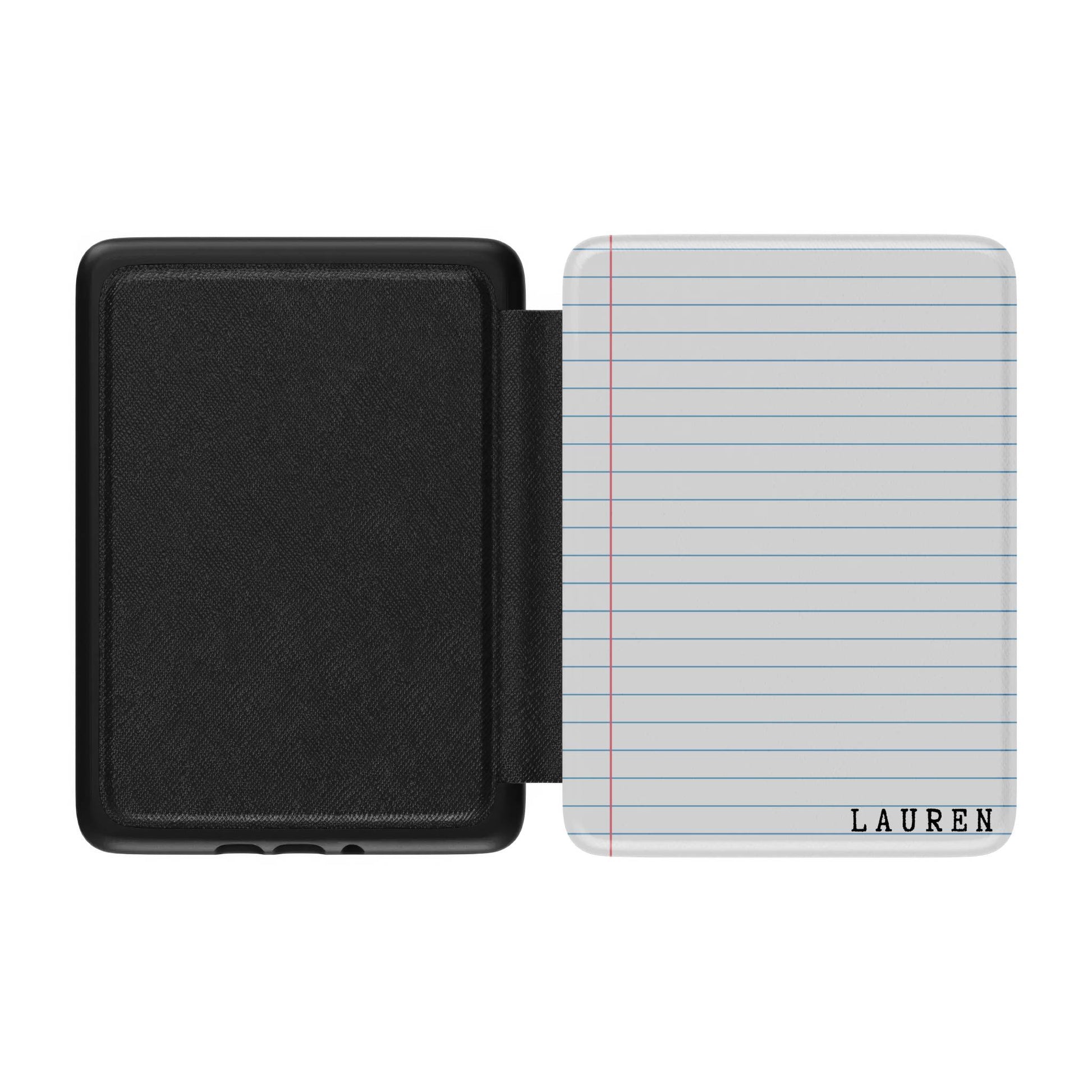 Black Kindle case with a lined notebook design labeled 'Lauren' on the front,  on a white background