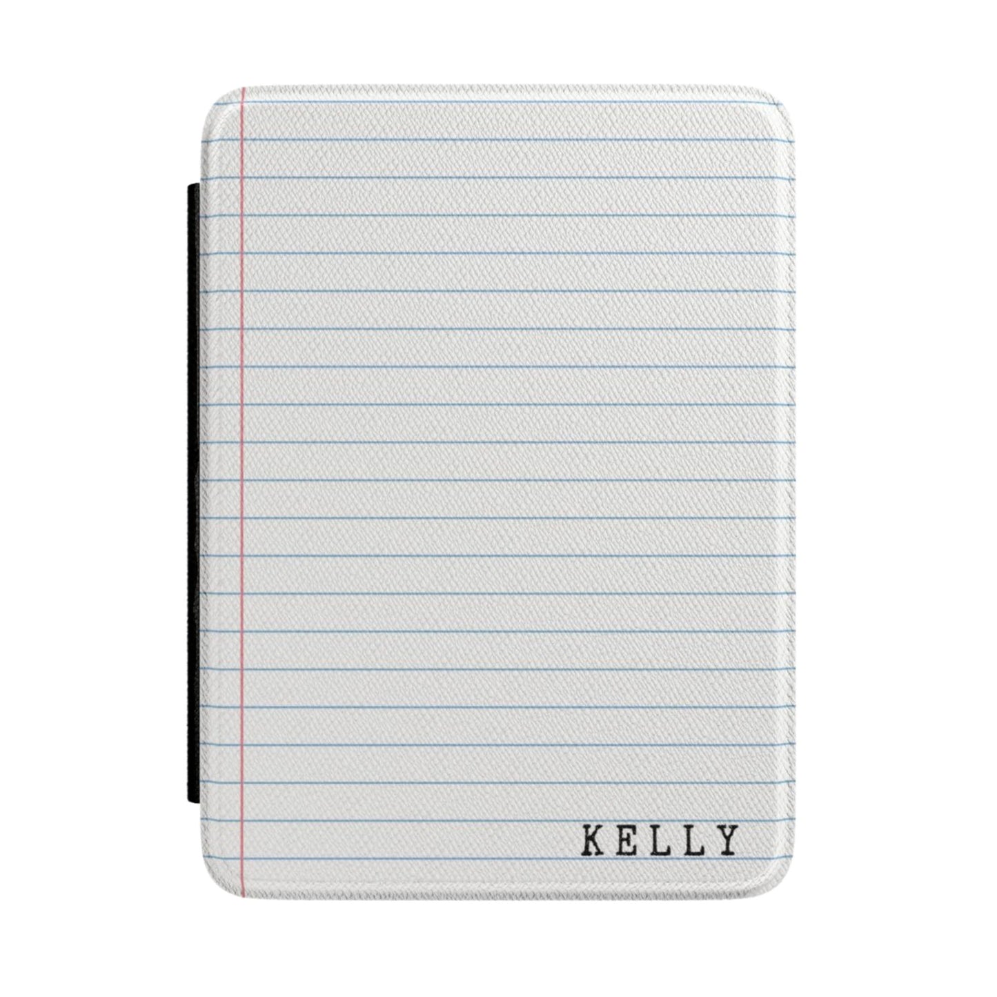 KIndle case cover with lined paper design and 'KELLY' branding on a white background