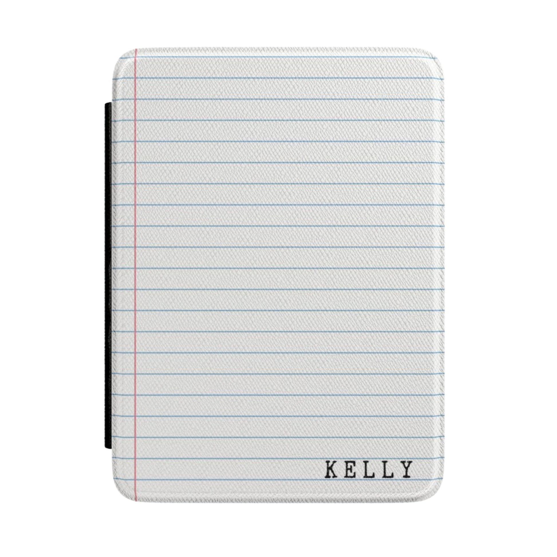 KIndle case cover with lined paper design and 'KELLY' branding on a white background