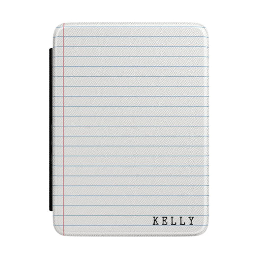 KIndle case cover with lined paper design and 'KELLY' branding on a white background