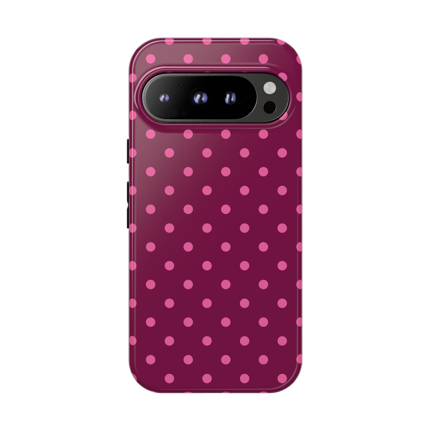 Google Pixel Phone case with pink polka dot pattern on a white background