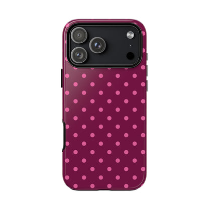 dark red iphone 17 phone case with pink polka dot pattern on a white background