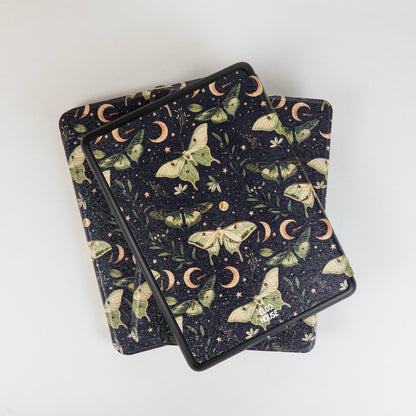 Flat lay of Lunar Enchantment Kindle Case with celestial luna moth print on black background, elco house logo 