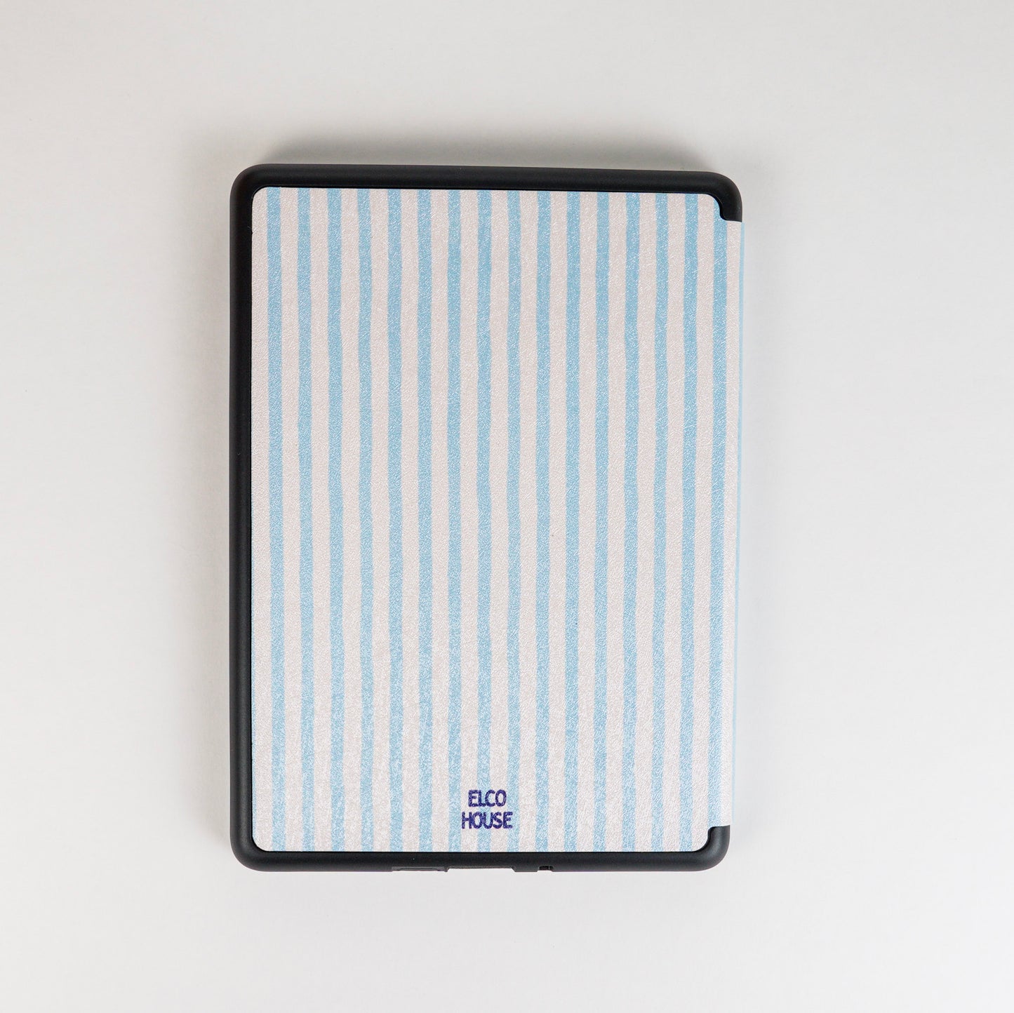 Back of Page Turner Kindle Case with blue and beige stripes, dark blue elco house logo at bottom of case 