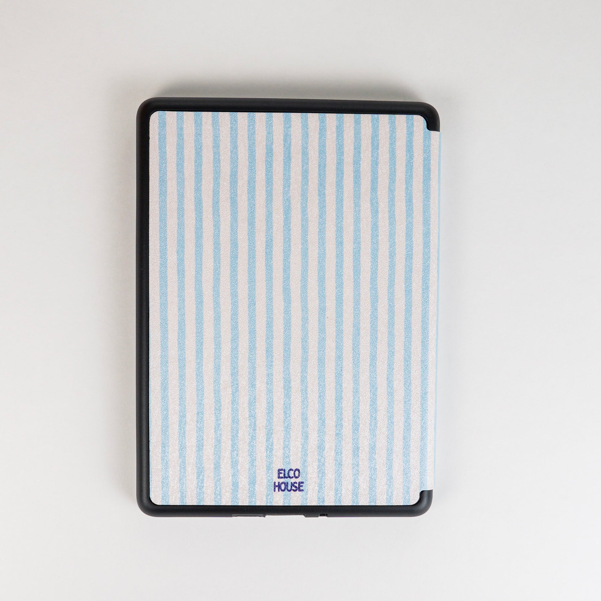 Back of Page Turner Kindle Case with blue and beige stripes, dark blue elco house logo at bottom of case 