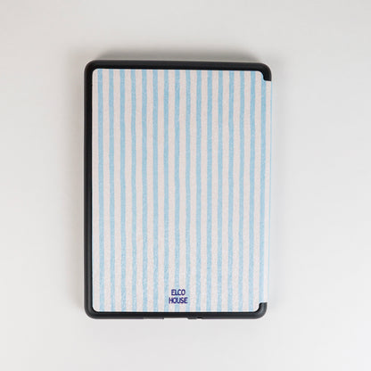 Back of Page Turner Kindle Case with blue and beige stripes, dark blue elco house logo at bottom of case 