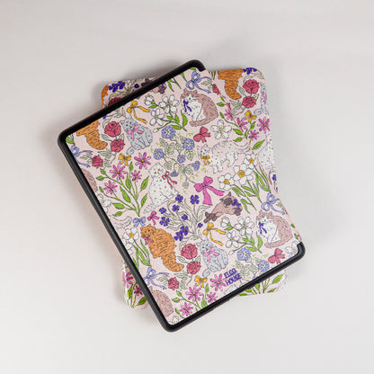 back view of Whisker Garden Kindle Case showing pink flowers and cat print, with elco house logo